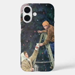 Coque Pour iPhone 16 Noël vintage, famille accrochant des lumières à l'