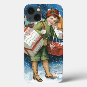 iPhone 13 Coque Noël vintage, fille avec des cadeaux dans la neige