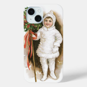 Coque Pour iPhone 15 Noël vintage, fille victorienne avec houx