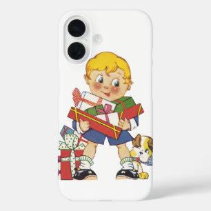 Coque Pour iPhone 16 Noël vintage, garçon avec cadeaux et chiot