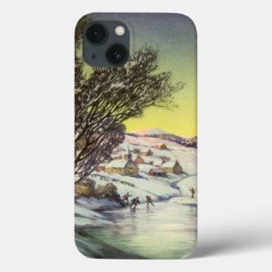 iPhone 13 Coque Noël Vintage, Lac gelé avec patineurs sur glace