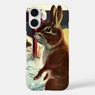 Coque Pour iPhone 16 Noël vintage, lapins dans une prairie enneigée en 