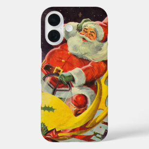 Coque Pour iPhone 16 Noël vintage, le Père Noël dans un vaisseau spatia