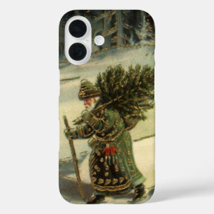 Coques iPhone 16 Noël vintage, le Père Noël porte un arbre