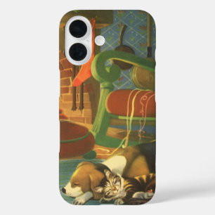 Coques iPhone 16 Noël Vintage, Les animaux dormant par cheminée