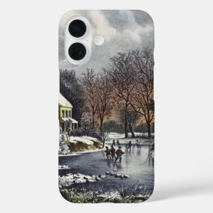 Coques iPhone 16 Noël Vintage, Patins d'hiver précoce sur un étang