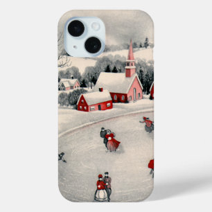 Coque Pour iPhone 15 Noël Vintage, Patins Victoriens sur Pond
