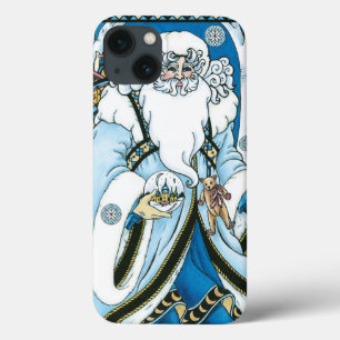 Etui iPhone 13 Noël vintage, Père Noël bleu avec boule à neige