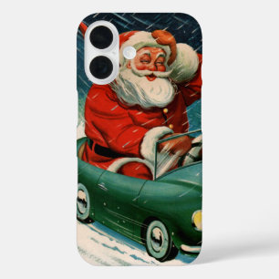 Coque Pour iPhone 16 Noël vintage, Père Noël dans une voiture mignonne