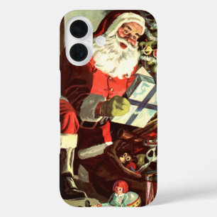 Coque Pour iPhone 16 Noël vintage, Père Noël rétro avec cadeaux