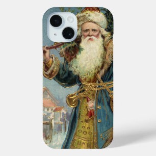 Coque Pour iPhone 15 Noël vintage, Père Noël victorien avec arbre