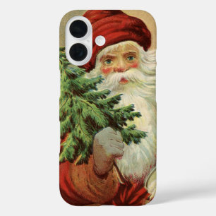 Coques iPhone 16 Noël vintage, Père Noël victorien avec arbre