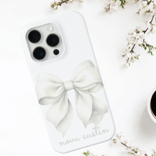 Coque iPhone 15 Pro Nœud Blanc Tendance Personnalisé Avec Nom Monogram