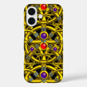 COQUES iPhone 16 NOEUDS CELTIQUES D'OR ABSTRAITS AVEC PIERRES COLOR