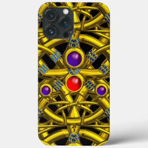 COQUES POUR iPhone NOEUDS CELTIQUES D'OR ABSTRAITS AVEC PIERRES COLOR