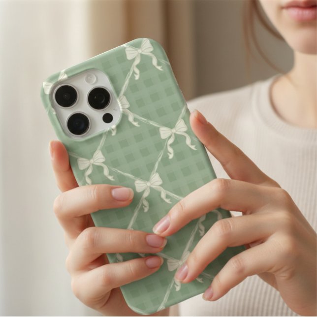 Coques Case-Mate iPhone Nœuds Coquette Motif Gingham Crème Vert Sauge (Créateur téléchargé)