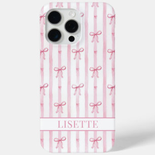 Coque iPhone 15 Pro Max Nœuds Coquette Rayés Rose Élégants Monogrammés
