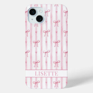 Coque iPhone 15 Mini Nœuds Coquette Rayés Rose Élégants Monogrammés