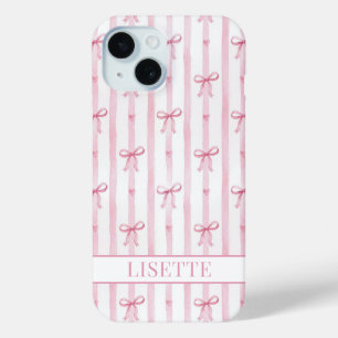 Coque Pour iPhone 15 Nœuds Coquette Rayés Rose Élégants Monogrammés