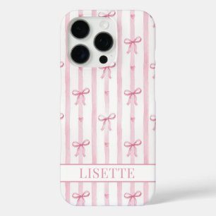Coques iPhone 16 Pro Nœuds Coquette Rayés Rose Élégants Monogrammés