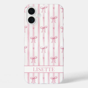 Coques iPhone 16 Plus Nœuds Coquette Rayés Rose Élégants Monogrammés