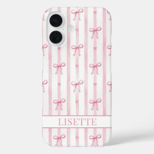 Coque Pour iPhone 16 Nœuds Coquette Rayés Rose Élégants Monogrammés