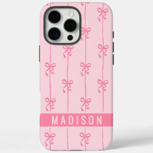 Coques iPhone 16 Pro Max Nœuds Coquette Rose Nom Personnalisé Moderne Fémin