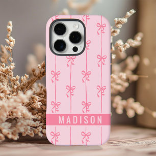 Coques iPhone 16 Pro Nœuds Coquette Rose Nom Personnalisé Moderne Fémin