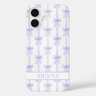 Coque Pour iPhone 16 Nœuds Coquette Violets Monogrammes Rayés