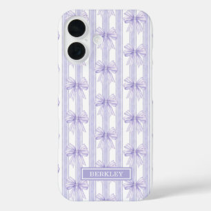 Coque Pour iPhone 16 Nœuds Coquette Violets sur Monogramme à Rayures