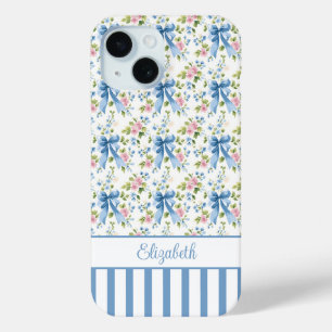 Coque Pour iPhone 15 Nœuds Coquettes Bleus Avec Fleurs Monogrammées