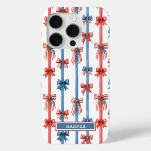 Coque iPhone 15 Pro Nœuds et Rayures Patriotiques Monogrammés