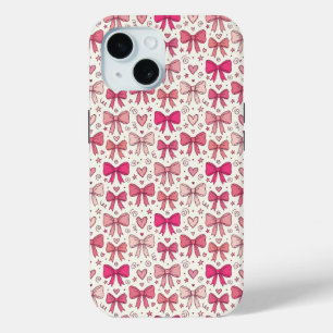 Coque Pour iPhone 15 Nœuds roses mignons Motif dessiné à la main Cœurs