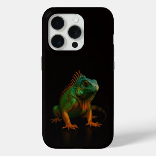 Coque iPhone 15 Pro Noir 4 Luxe iPhone 15 Pro Mate, Iguane Vert