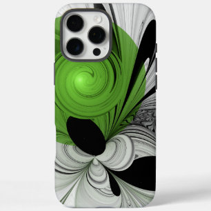 Coques iPhone 16 Pro Max Noir Abstrait et blanc avec art fractal vert