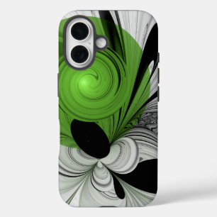 Coque Pour iPhone 16 Noir Abstrait et blanc avec art fractal vert