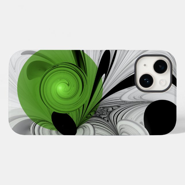 Coques Case-Mate iPhone Noir Abstrait et blanc avec art fractal vert (Verso (horizontal))