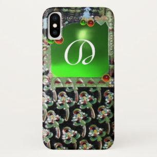 Coque iPhone X NOIR ART VERT NOUVEAU MONOGRAM EN PIERRE GEMME Éme