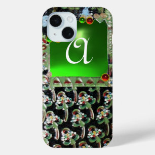 Coque Pour iPhone 15 NOIR ART VERT NOUVEAU MONOGRAM EN PIERRE GEMME Éme