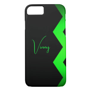 Coque iPhone 7 Noir avec Lime Green Zigzag Nom personnalisé