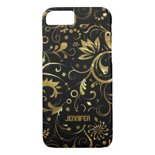 Coques Pour iPhone Noir avec Motif de tissu Floral Or