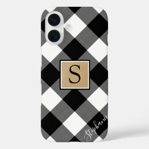Coque Pour iPhone 16 Noir Blanc Buffalo Plaid Monogramme Nom du script