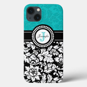 Coques Pour iPhone Noir Blanc Et Bleu Vintage Fleurs Damas