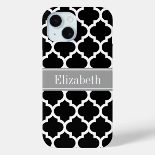 Coque Pour iPhone 15 Noir Blanc Marocain #5 Gris foncé Nom Monogramme