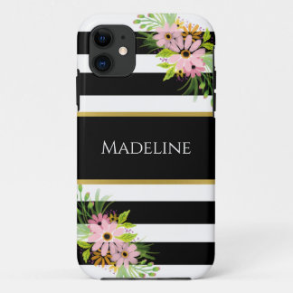 Case-Mate iPhone Case Noir Blanc rayé Floral Or | élégant