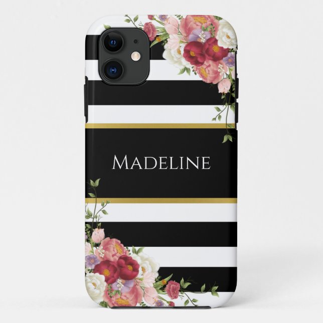 Coques Case-Mate iPhone Noir Blanc rayé Floral Or | élégant (Dos)
