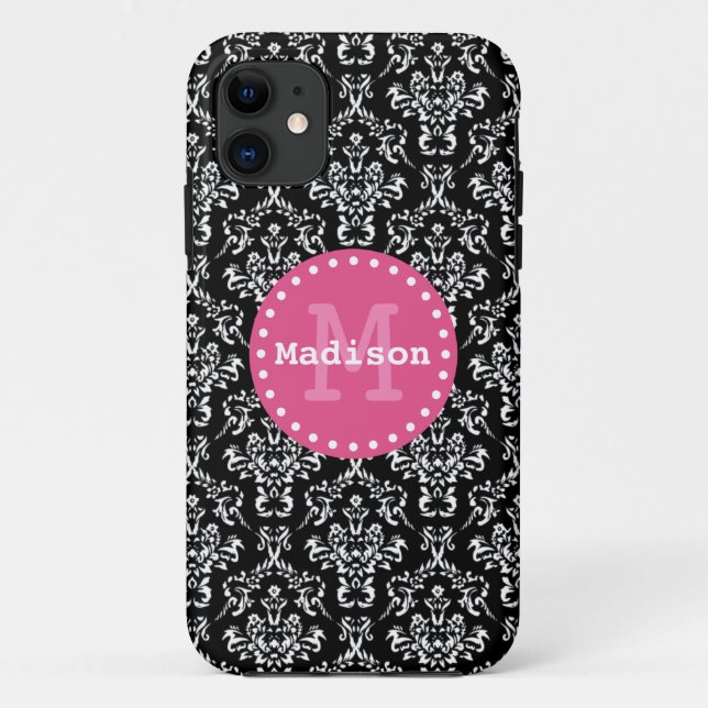 Coques Case-Mate iPhone Noir blanc rose victorien Damask Monogramme (Dos)