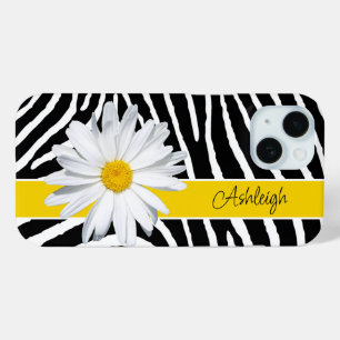 Coque Pour iPhone 15 Noir, Blanc Zèbre Imprimer, Fleur Faisée