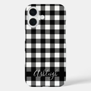 Coque Pour iPhone 16 Noir Buffalo Check Plaid Nom personnalisé