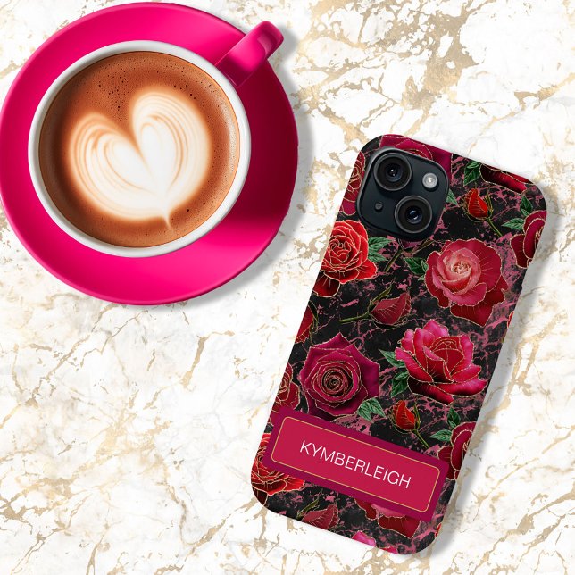 Coques Case-Mate iPhone Noir Chaud Pink Glam Roses Marbre Nom du monogramm (Créateur téléchargé)